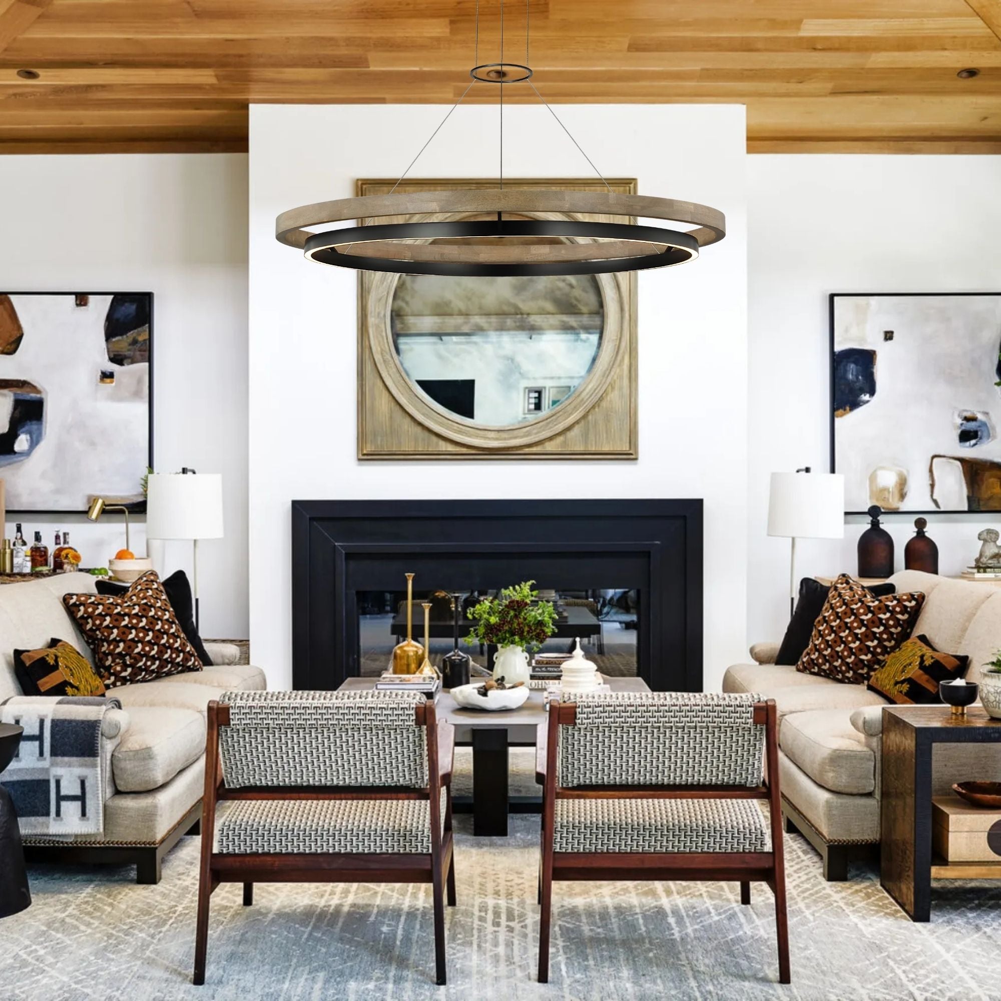 Grace 48" LED Chandelier, Matte Black & Weathered Oak Wood Finish