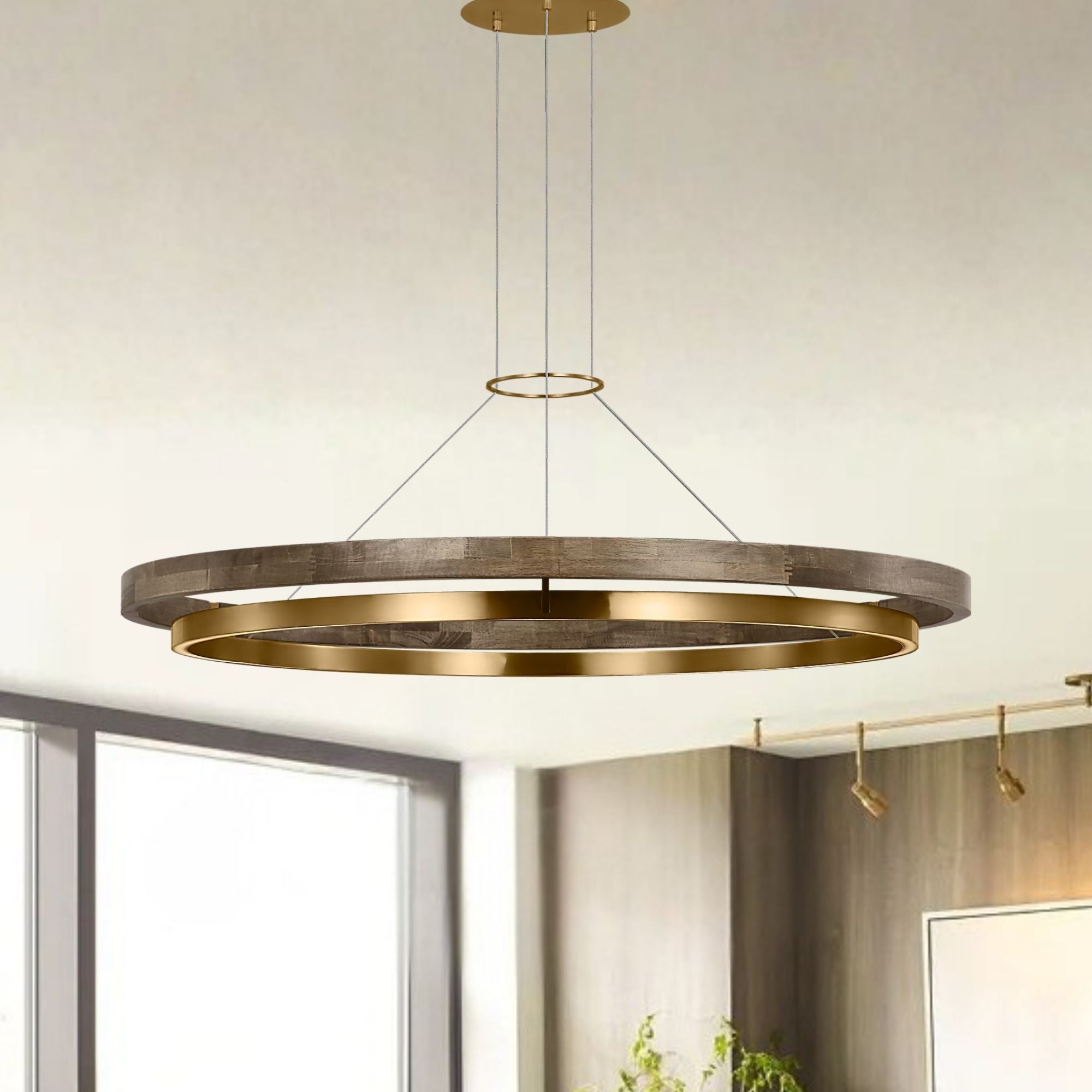 Grace 48" LED Chandelier, Natural Brass & Weathered Oak Finish