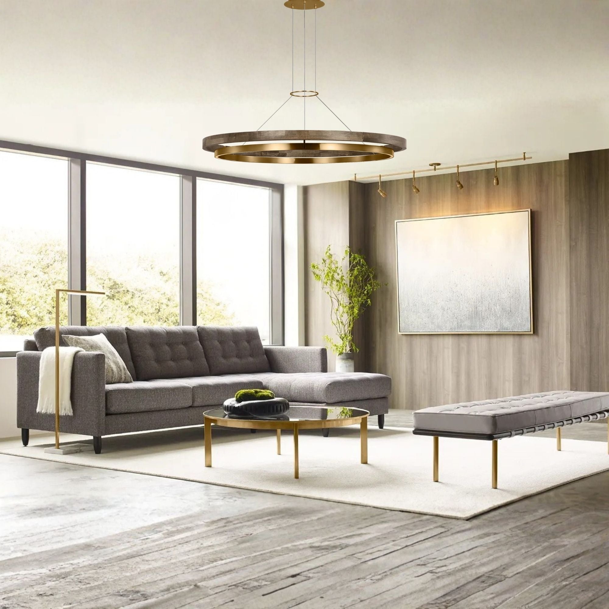 Grace 48" LED Chandelier, Natural Brass & Weathered Oak Finish