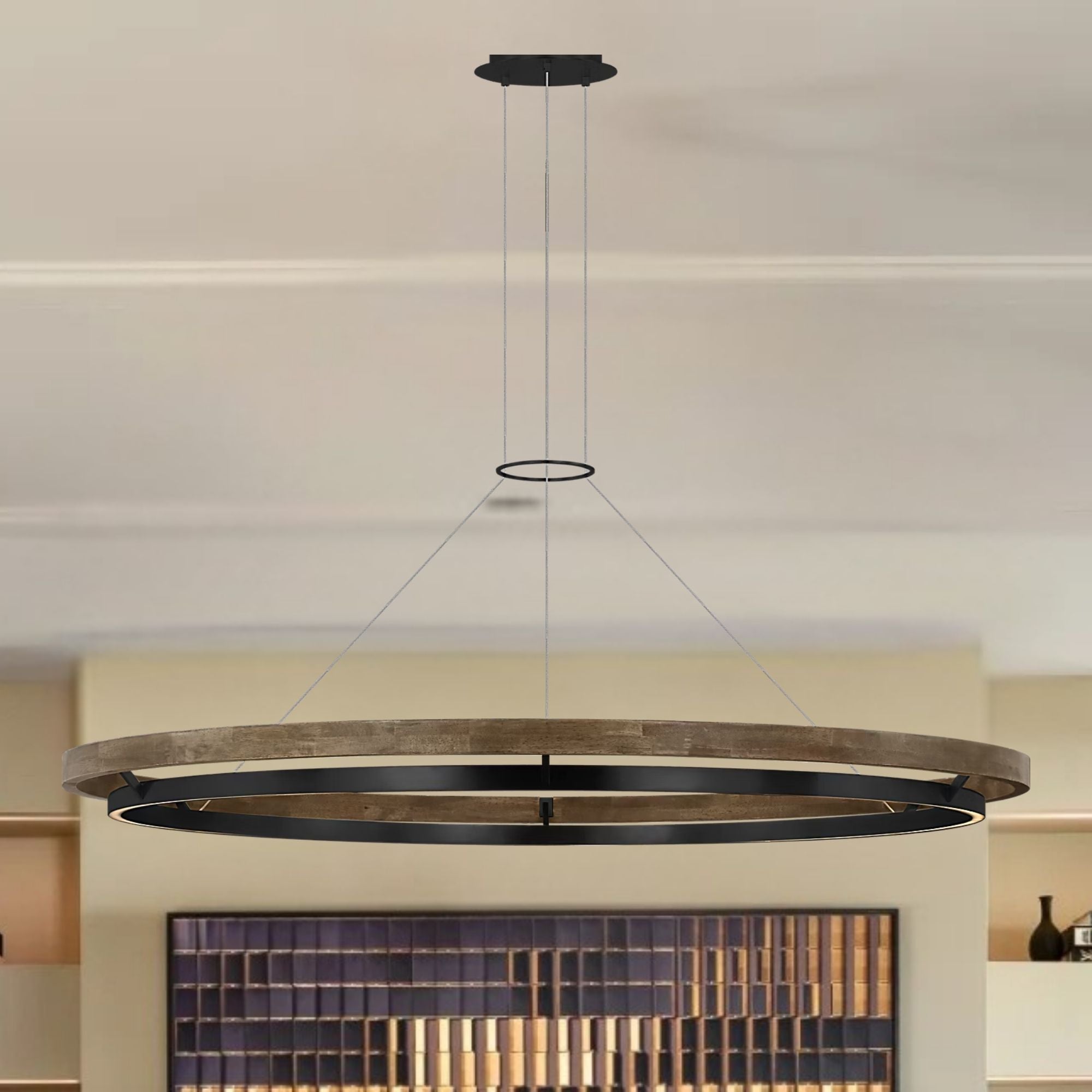 Grace 65" LED Chandelier, Matte Black & Weathered Oak Wood Finish