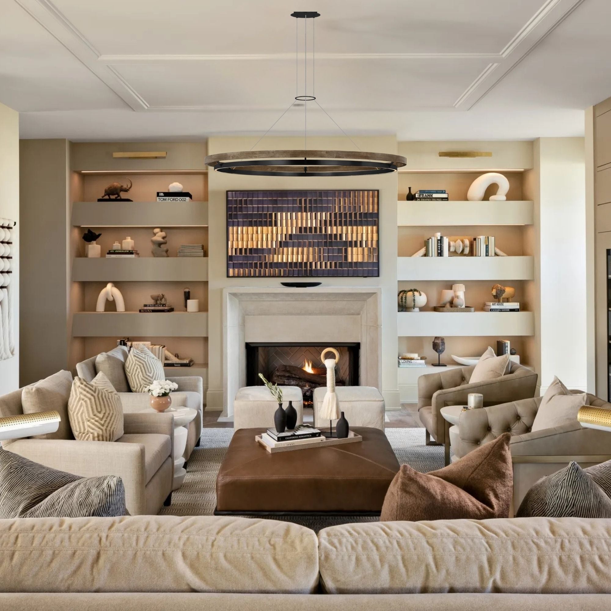 Grace 65" LED Chandelier, Matte Black & Weathered Oak Wood Finish