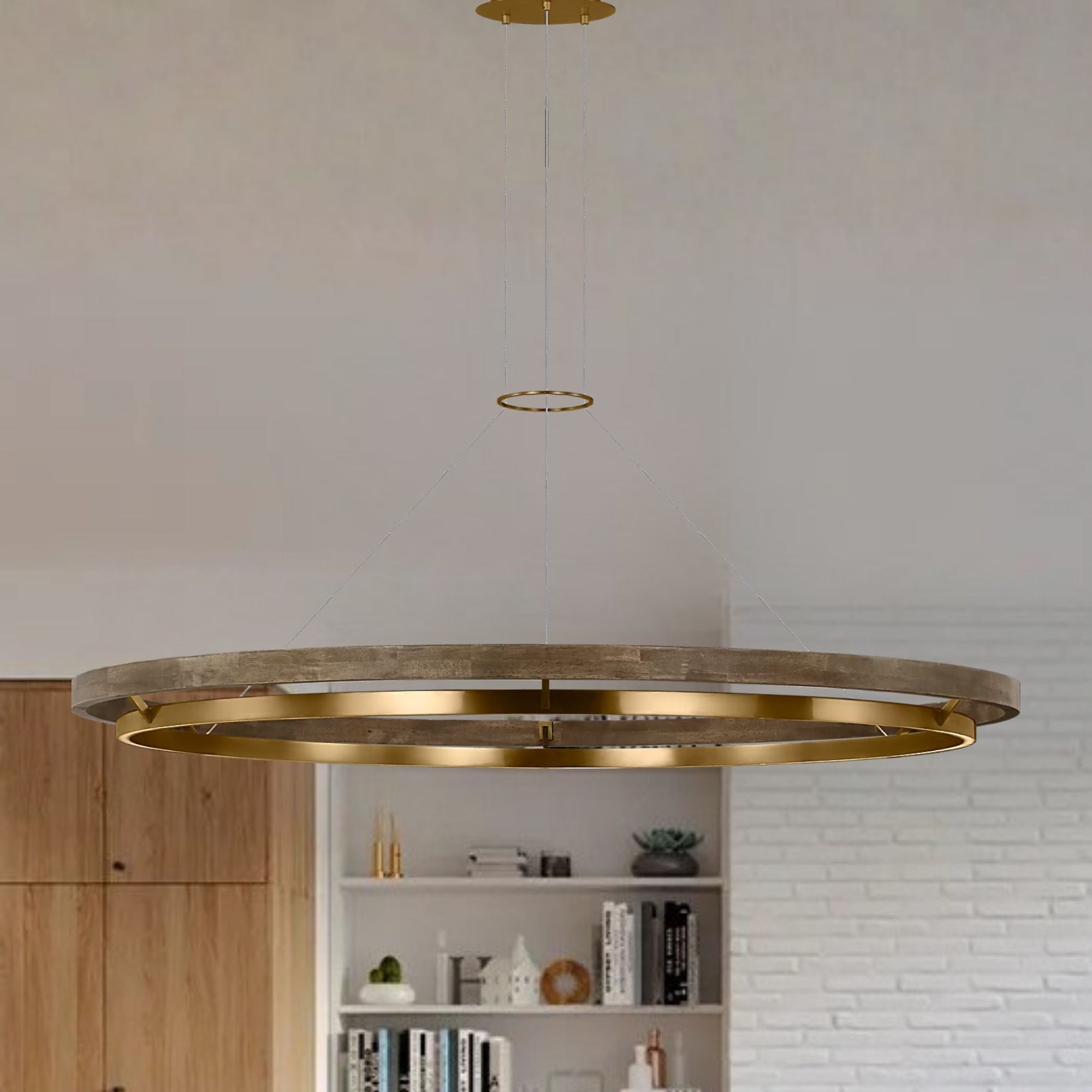 Grace 65" LED Chandelier, Natural Brass & Weathered Oak Finish