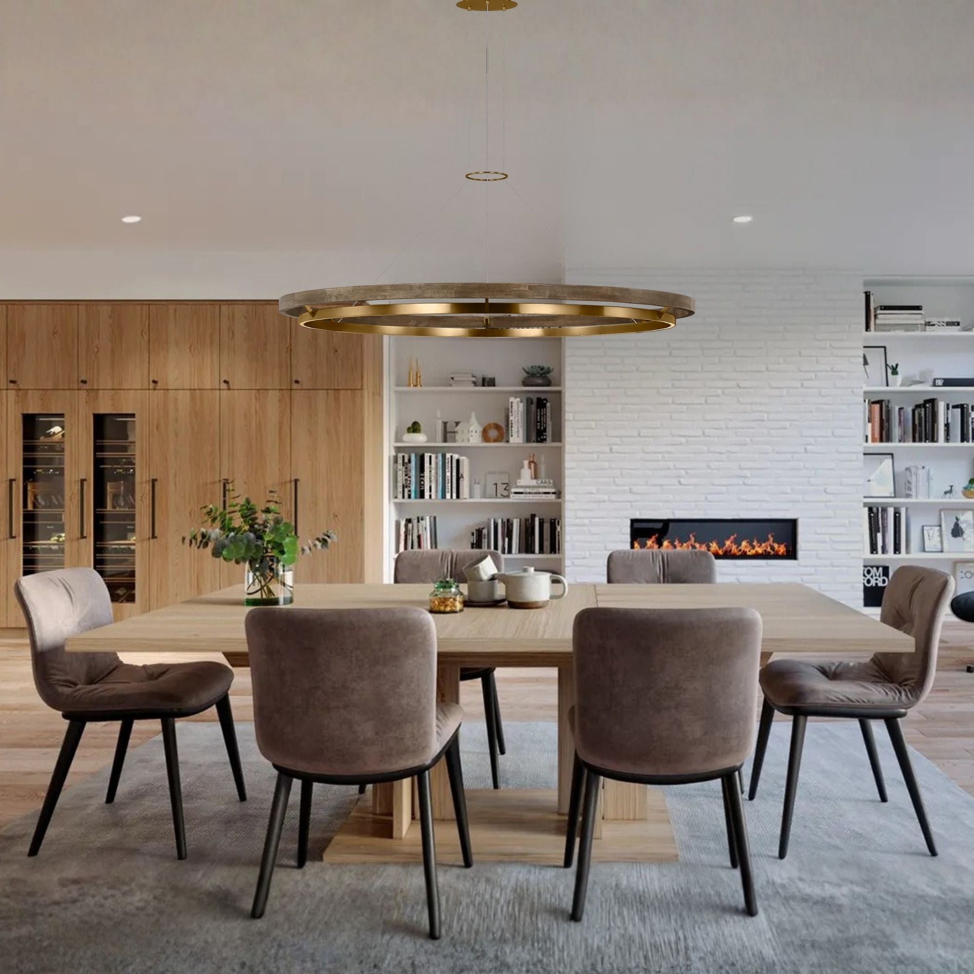 Grace 65" LED Chandelier, Natural Brass & Weathered Oak Finish