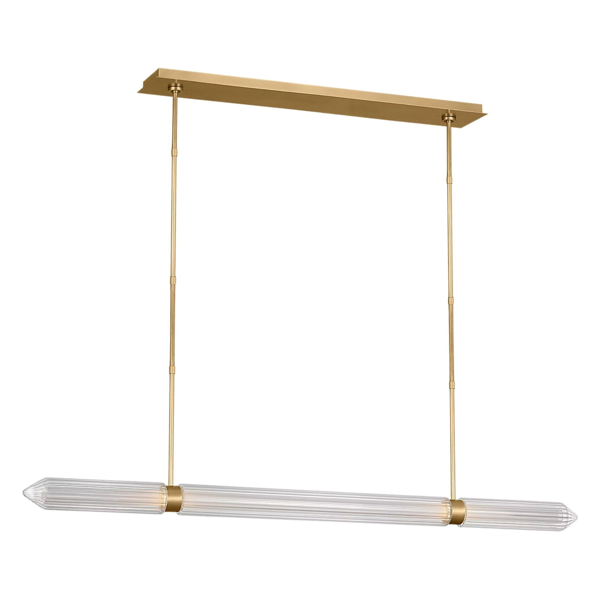 Linear LED chandelier with plated brass ceiling bar, clear ribbed glass diffusers