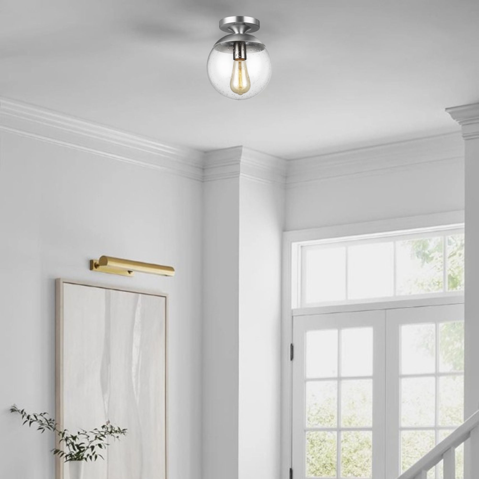 Leo Hanging Globe 10" Wall/Ceiling Semi-Flush Mount, Satin Aluminum Finish with Clear Seeded Glass