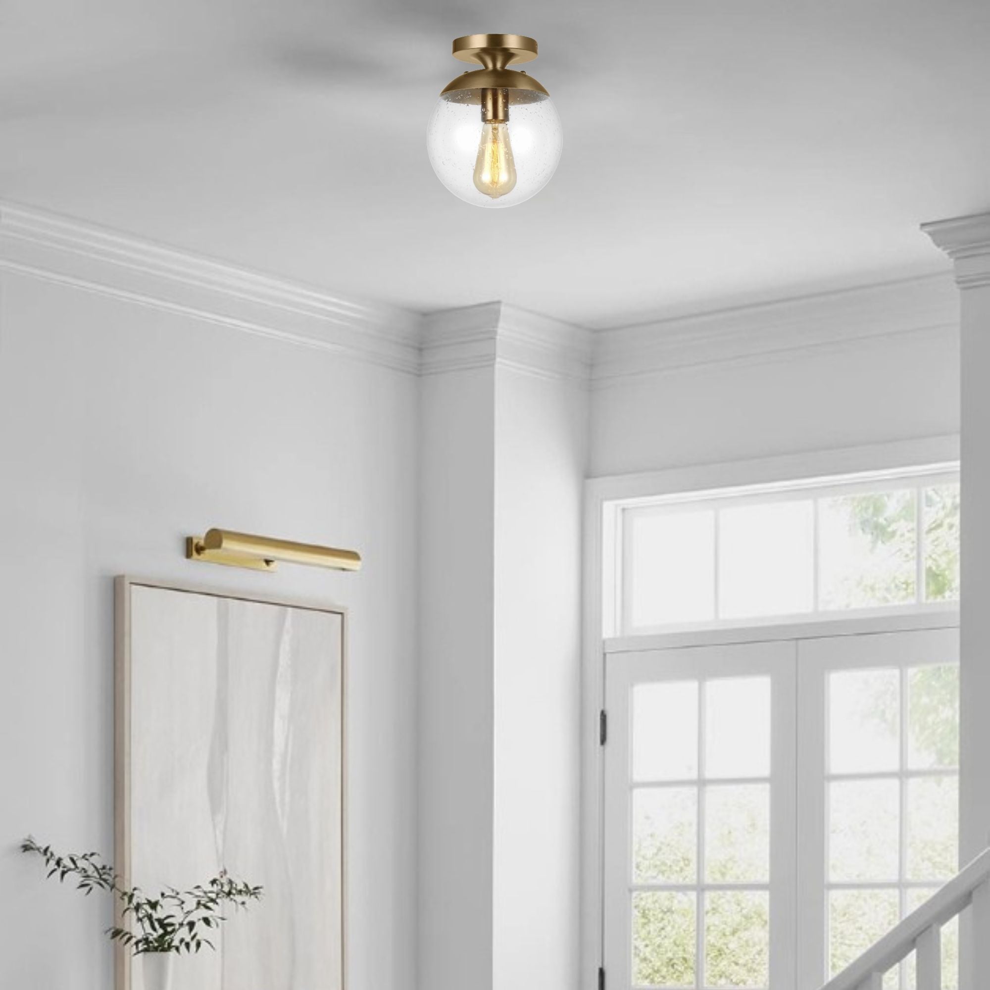 Leo Hanging Globe 10" Wall/Ceiling Semi-Flush Mount, Satin Brass Finish with Clear Seeded Glass