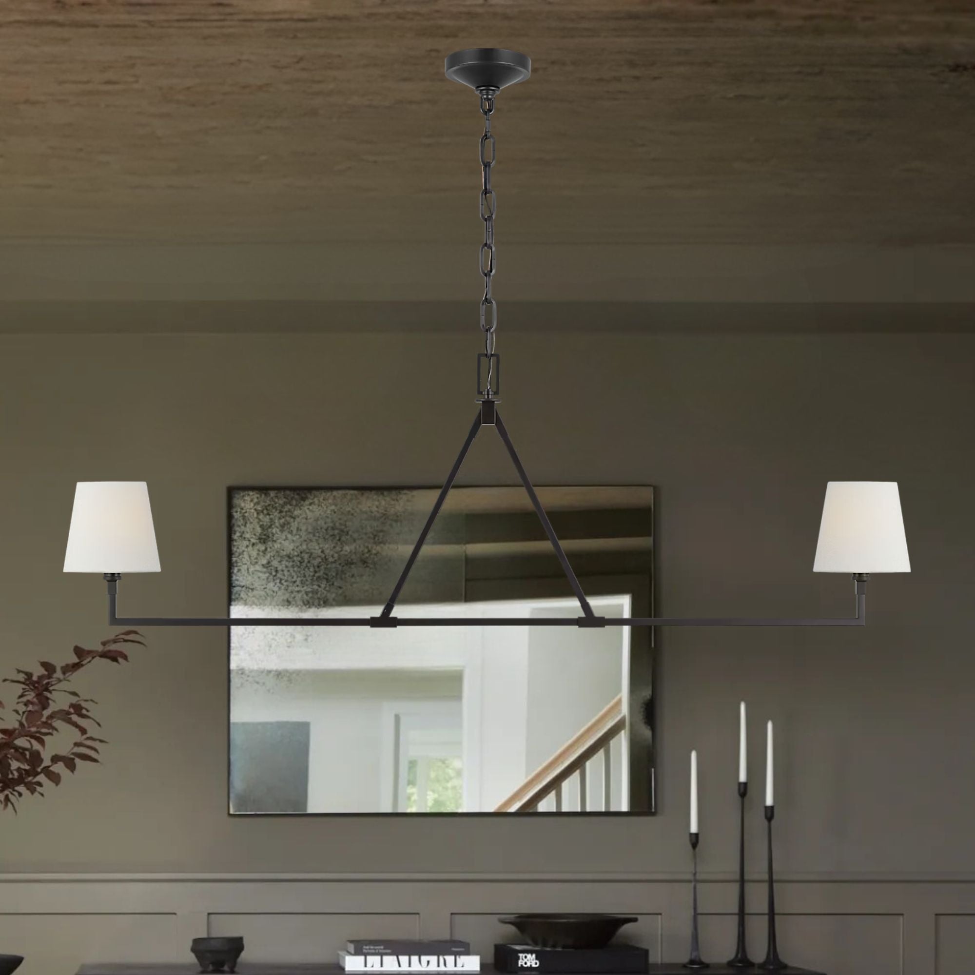 Perth 56" 2-Light Large Linear Chandelier, Aged Iron Finish