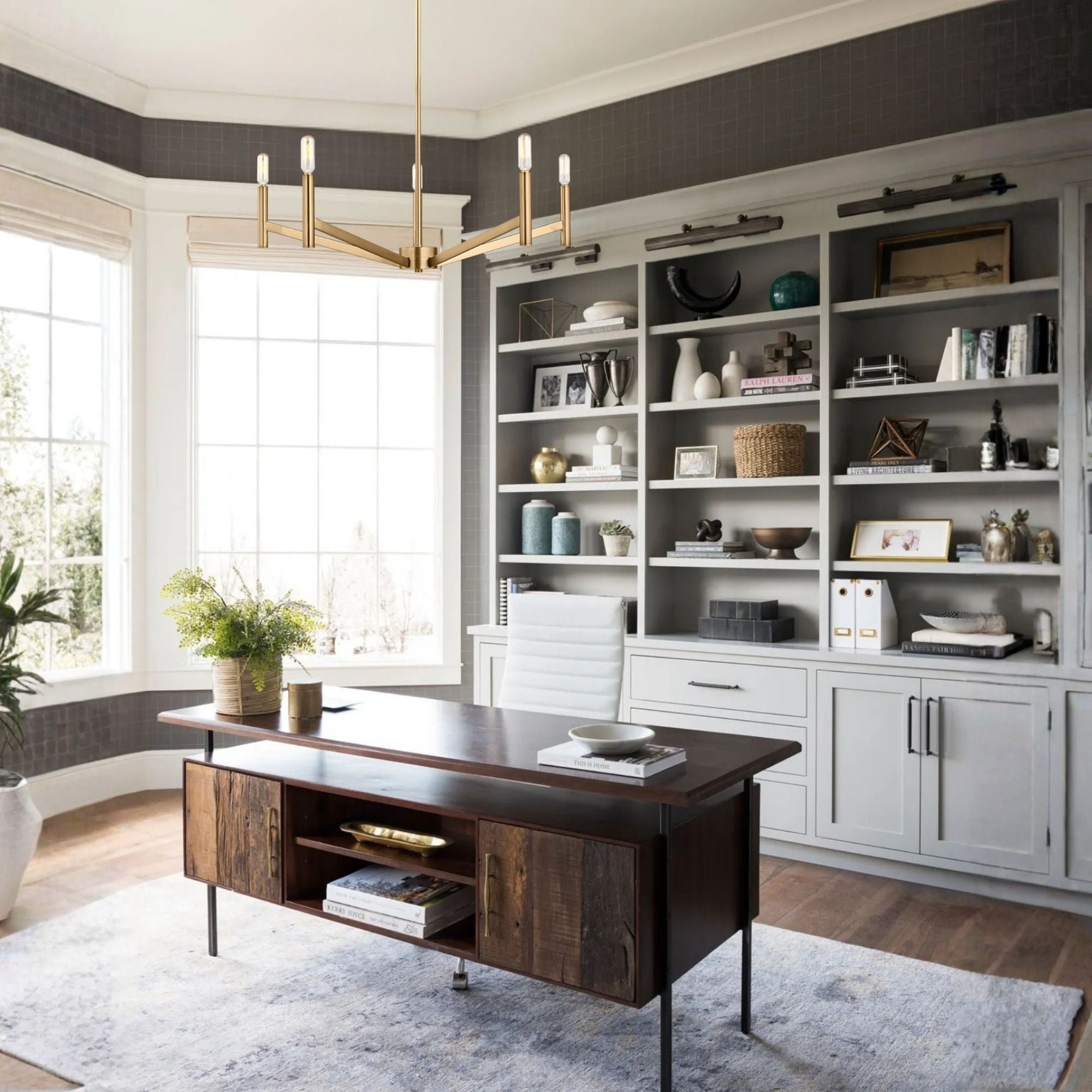 Vector 28" 5-Light LED Chandelier, Satin Brass Finish