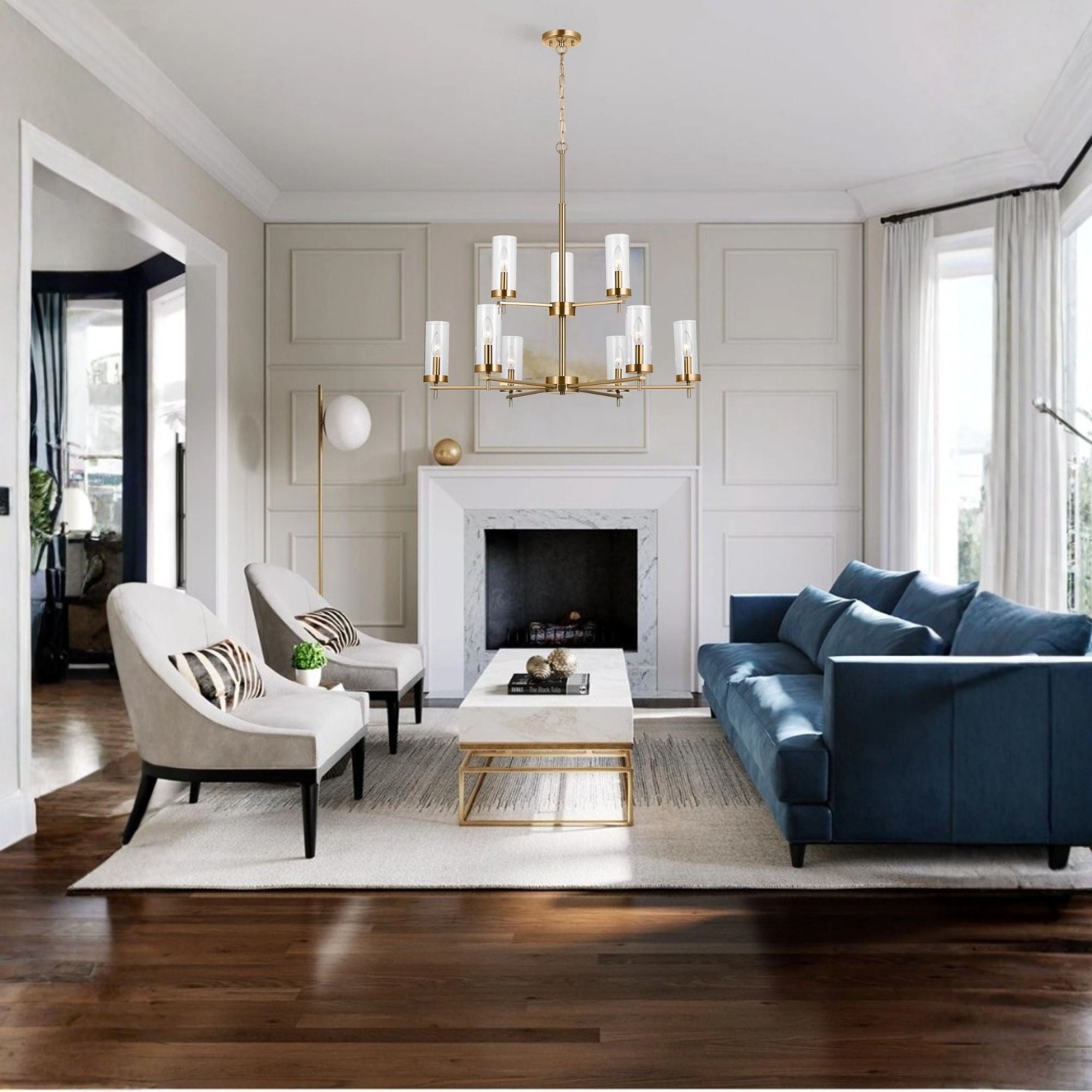 Zire 32" 9-Light Chandelier, Satin Brass Finish