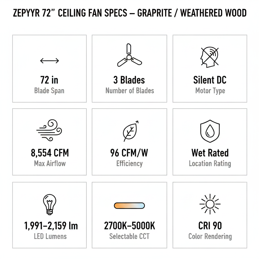 Zephyr 72" Spec Infographic — Graphite / Weathered Wood