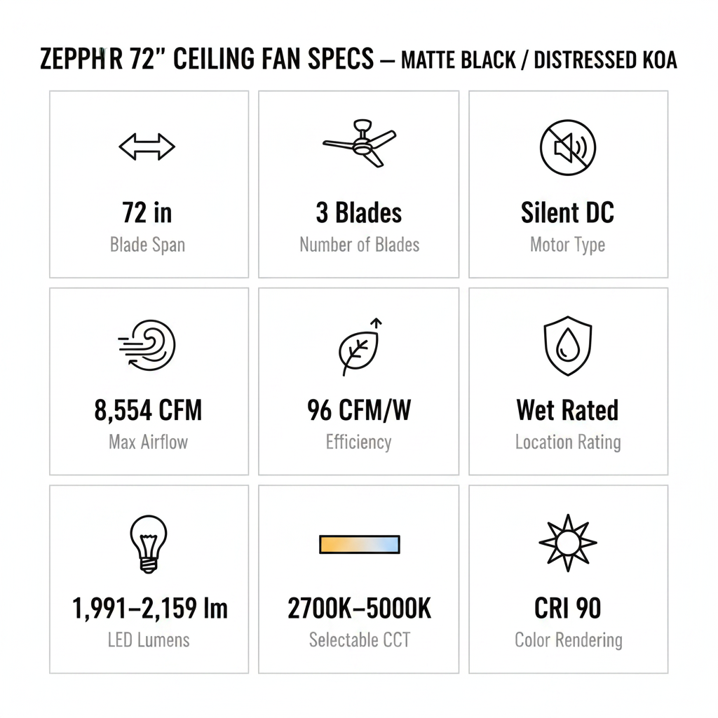 Zephyr 72" Spec Infographic — Matte Black / Distressed Koa
