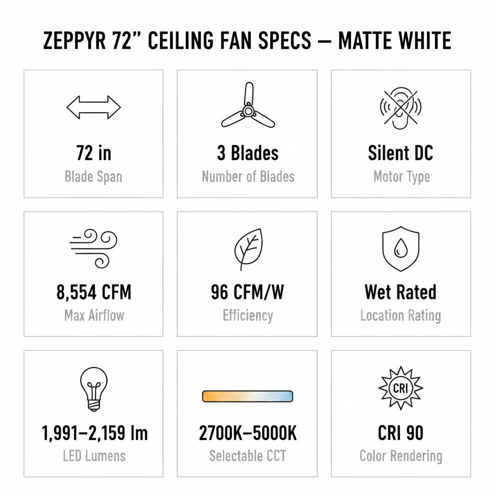 Zephyr 72" Spec Infographic — Matte White